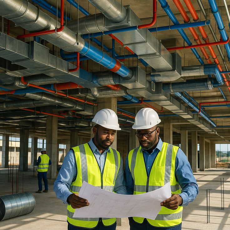 MEP ductwork and piping installation on site