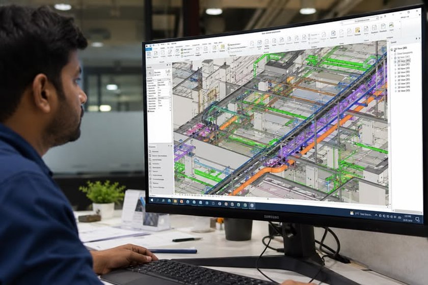 Engineer reviewing a 3D MEP coordination model